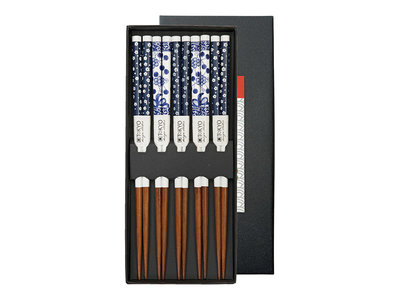 Houten eetstokjes blue flowers - set van 5 stuks